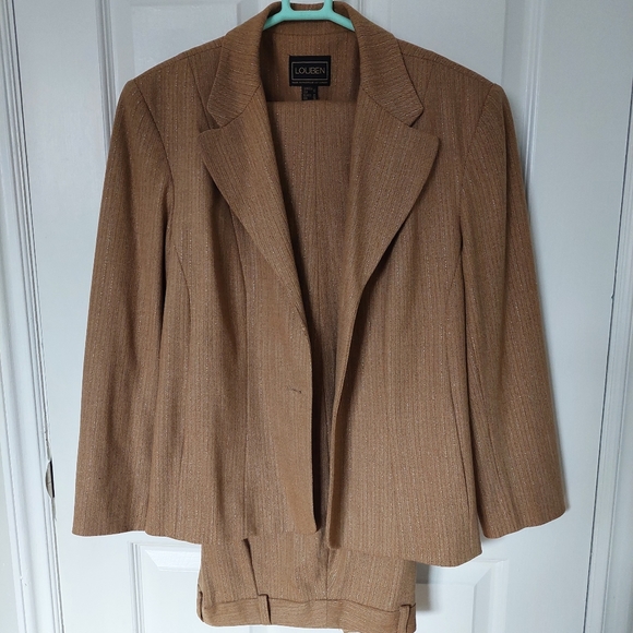 LOUBEN Wool Pants Blazer Suit Set, Brown, Metal Tread Strip Fabric, Size 10 - Picture 2 of 11